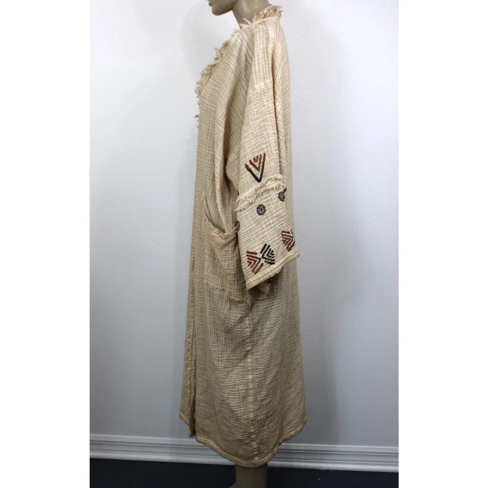 IKIKIZ Kimono Duster Women's OS Crinkle Cotton Cardigan Robe Tribal Missing Belt